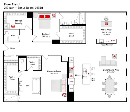 Floor plan 2 BED/ 2.5 BATH - 1993 S/F (J)