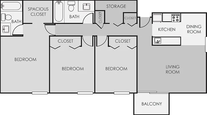 Three Bedrooms Two Bathrooms Floorplan Diagram