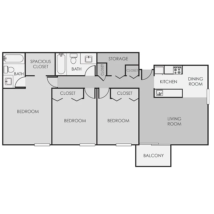 Floor plan Three Bedrooms Two Bathrooms