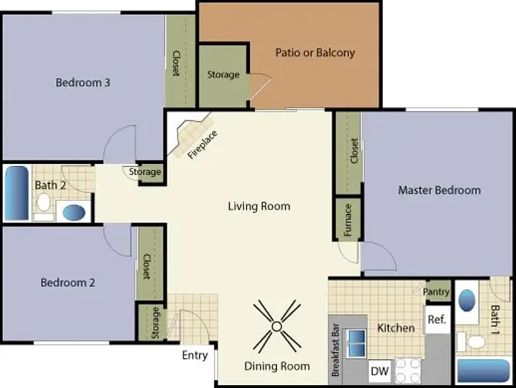 3 Bed 2 Bath Floorplan Diagram