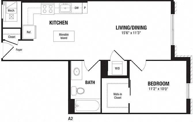 Floor plan 1 Bedroom, 1 Bath 631 SF A2