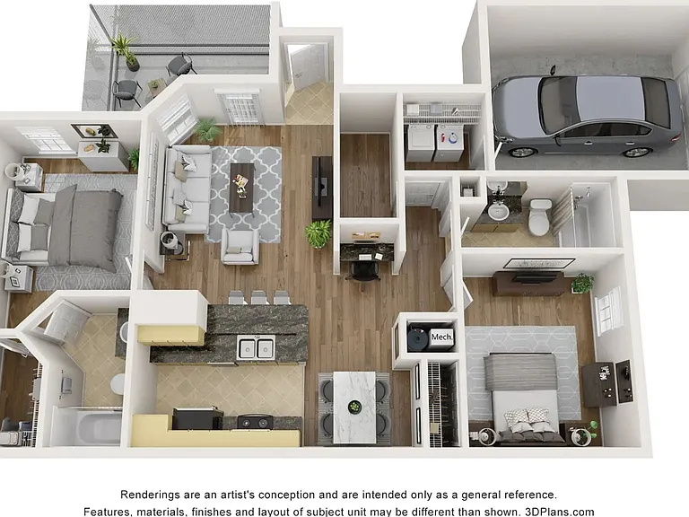 A 3D floor plan rendering of The Venetian with Garage.