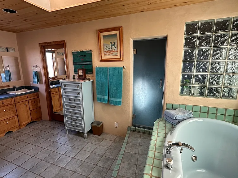 Upstairs bathroom, double sinks, walk in closet, large shower and Jacuzzi tub