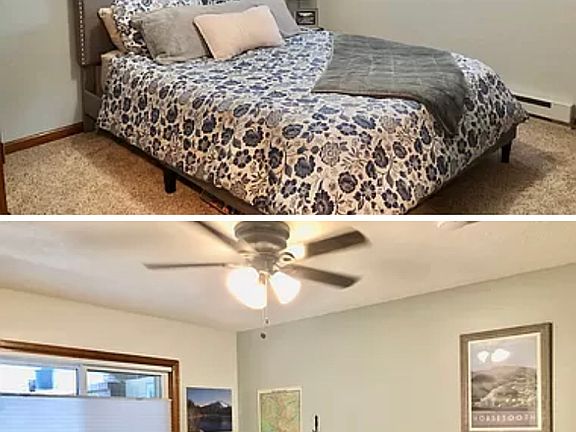 Two bedrooms, both with ceiling fans, closets and updated windows and blinds.