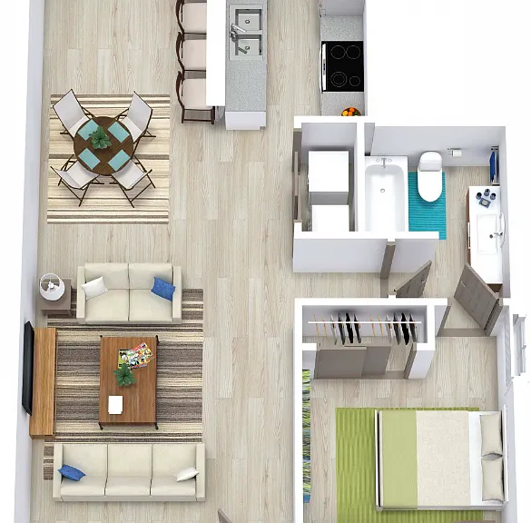 1 Bed 1 Bath 718 Floorplan Diagram