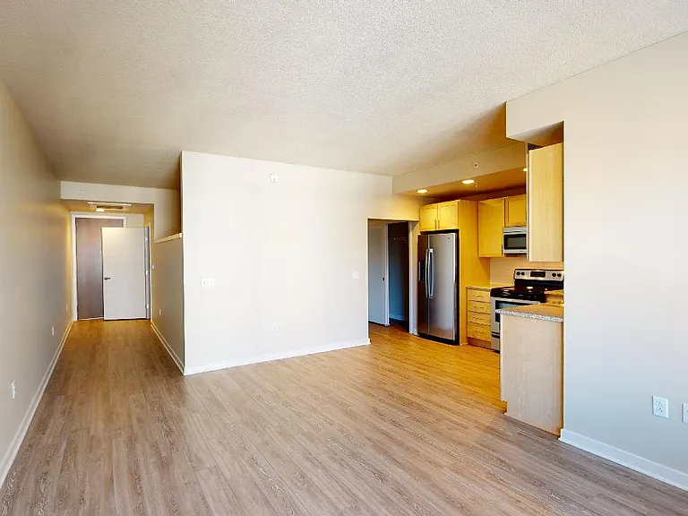 Apartment kitchen with stainless steel appliances, dining and living room with wood-style flooring.