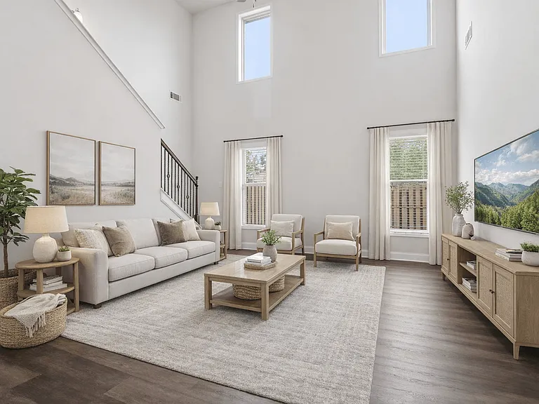 Elegant view of the living room and staircase.