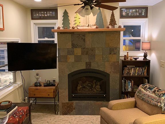 Lving area with propane logs. Streaming TV