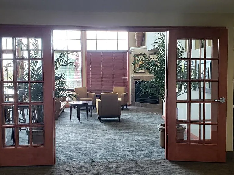 Building walks into the partyroom with fireplace for additional hospitality