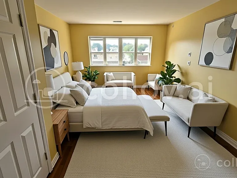 Primary bedroom (virtual staging) 
12' x 18'6", 2 closets, hardwood floor