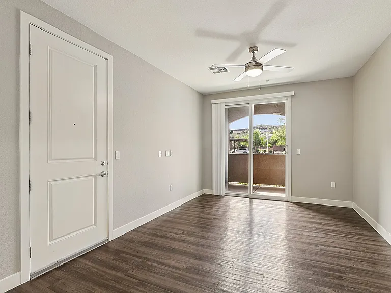 Hardwood Floors and Ceiling Fan in Living Room
