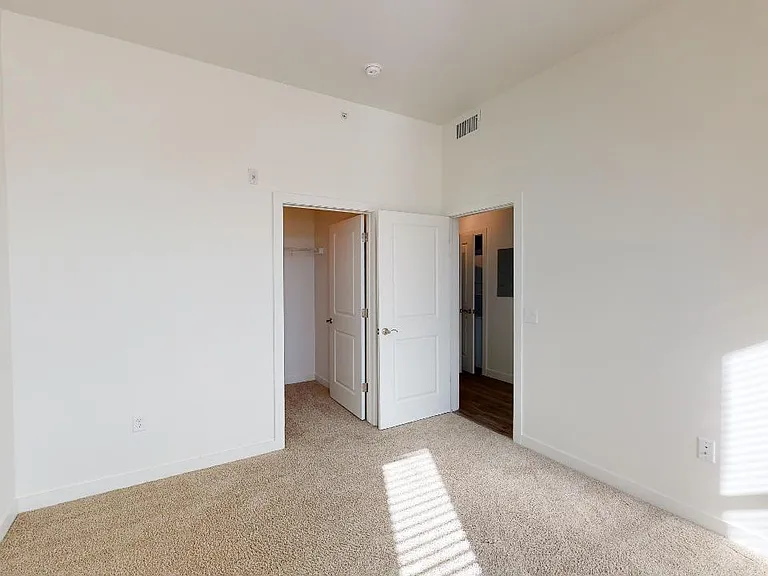 Spacious apartment bedroom with large closet and plush carpet flooring.