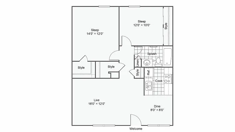 Floor plan The Dwyer: 2 Bedroom 1 Bath