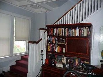 Carpet is now taupe. Photo for purpose of stairway and coffer ceiling view.