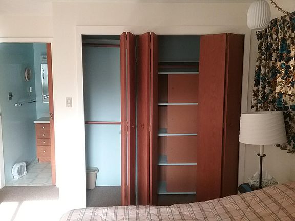 This is an older photo (the curtains and bedframe are different now) but this photo shows the empty closet so you can see the storage space.