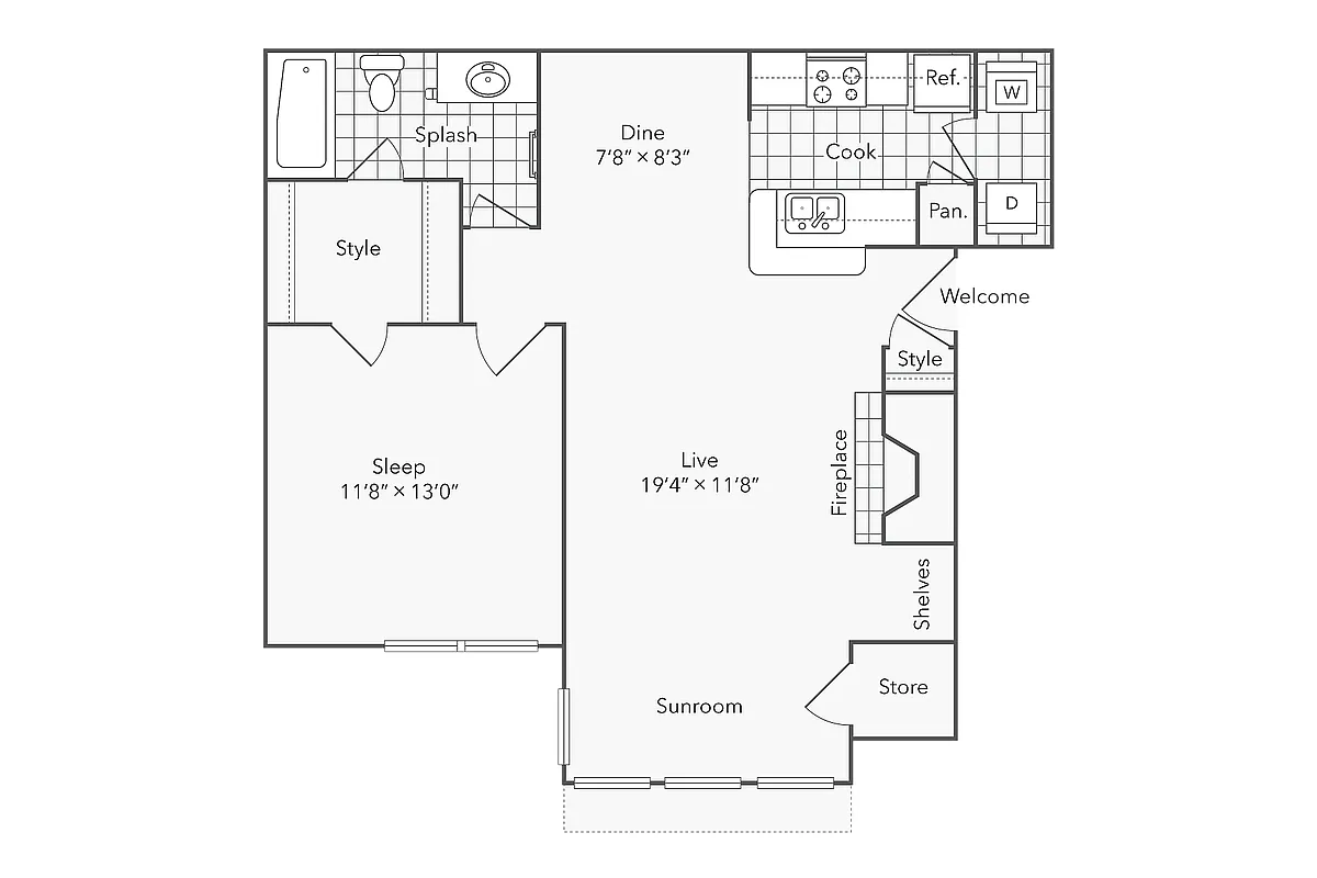 Floor plan 1 BR x 1 BA with Washer/Dryer B