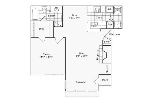 Floor plan 1 BR x 1 BA with Washer/Dryer B