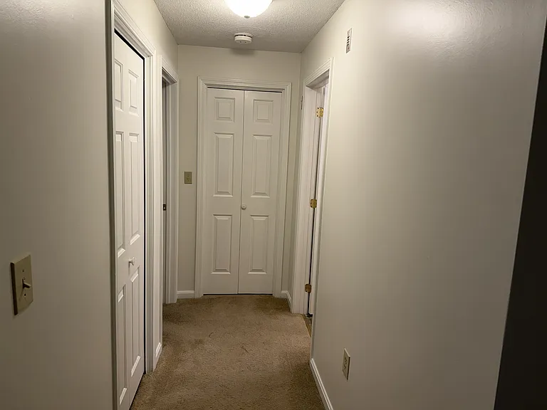 Hallway. Bathroom door is on the right; pantry/linen closet straight ahead; bedroom just to the left of the pantry; washer dryer first door on the left.