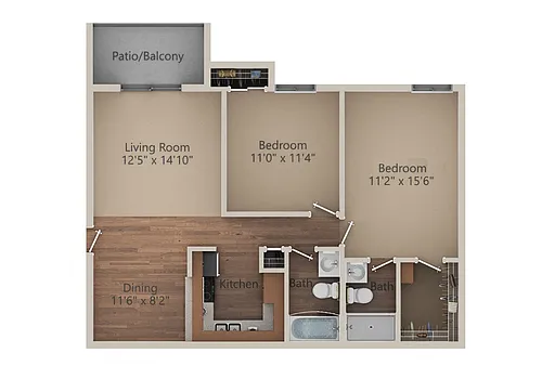Floor plan 2 Bed 2 Bath (950 sq ft)