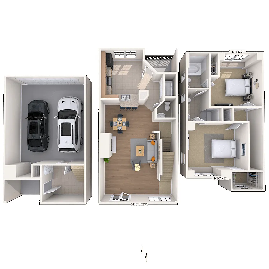 Floor plan Townhome 2x2.5 1230-1274 SF