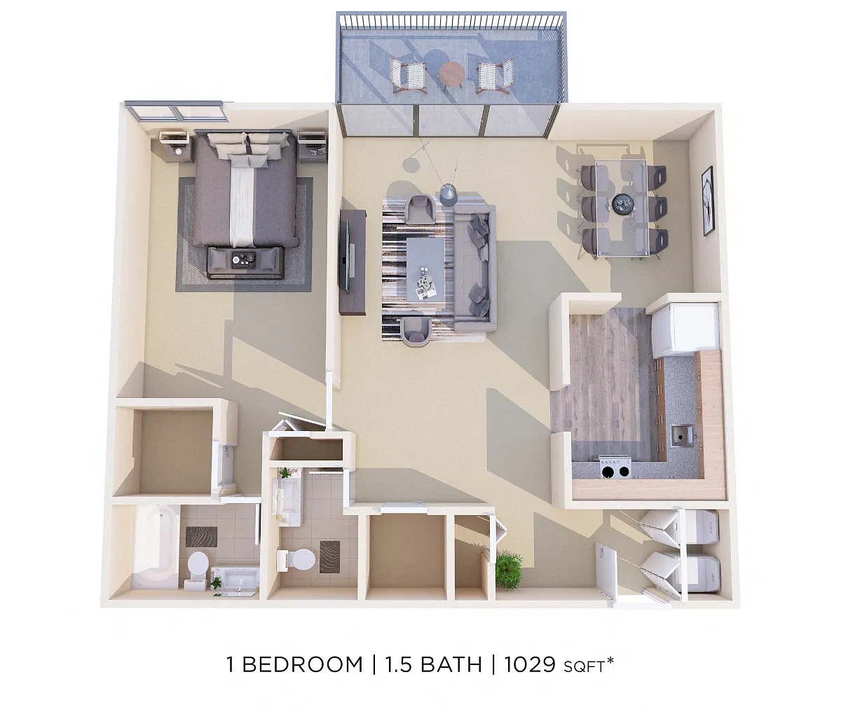 Floor plan One Bedroom 1.5 Bath - 1,029 sqft