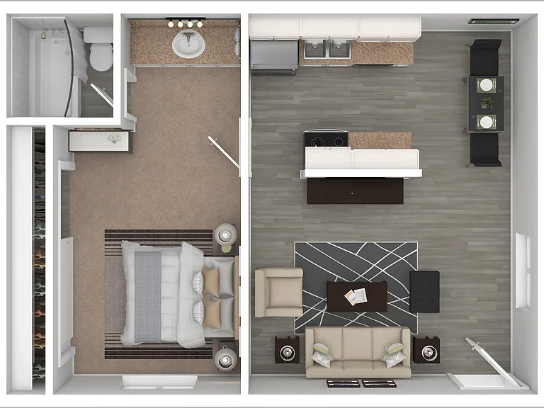 3D Furnished Rendering of 1-Bedroom Floor Plan 3D Furnished Rendering of 1-Bedroom Floor Plan