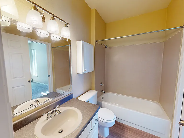 Apartment bathroom with wood-style flooring.