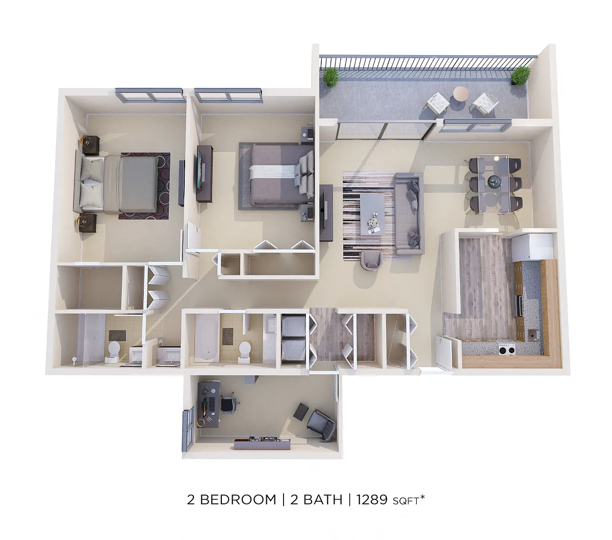 Floor plan Two Bedroom 2 Bath w/ Den - 1,289 sqft