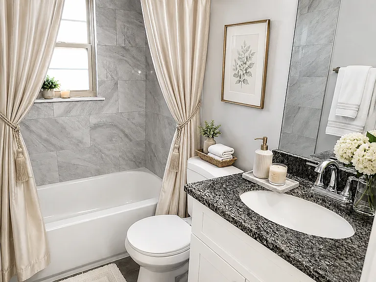 Fully remodeled bathroom with granite countertops, tile backsplash, and tiled floors