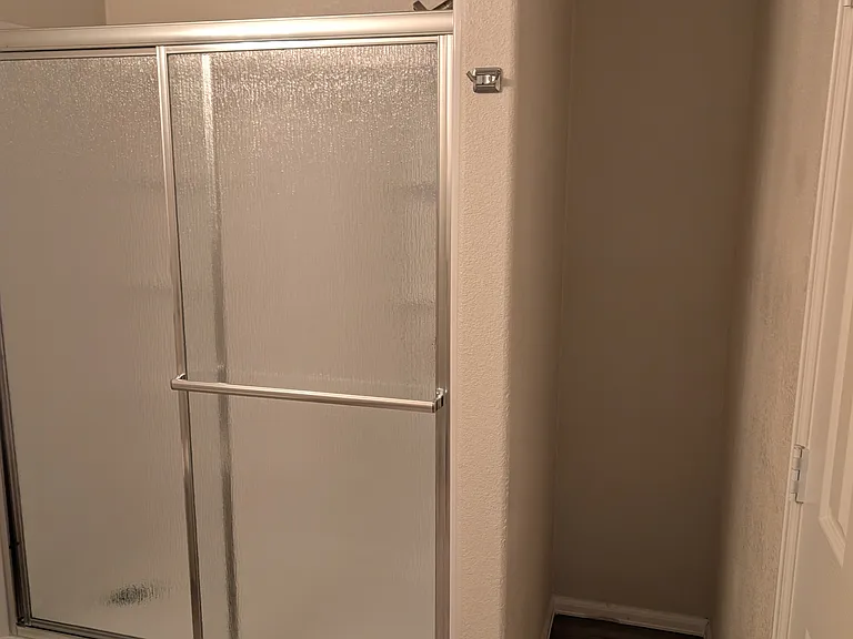 master bathroom brand new walk in shower with bathroom storage space