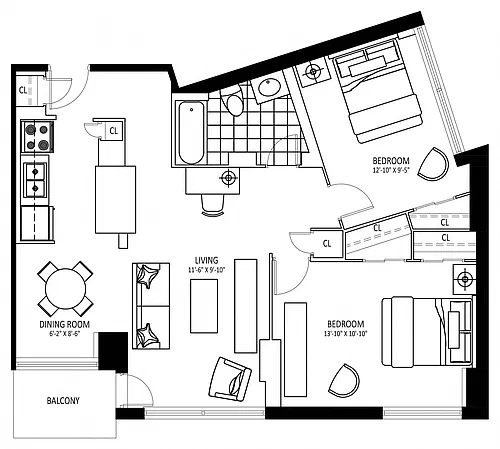 Floor plan 165 Ontario - Plan B 2 Bed 1 Bath