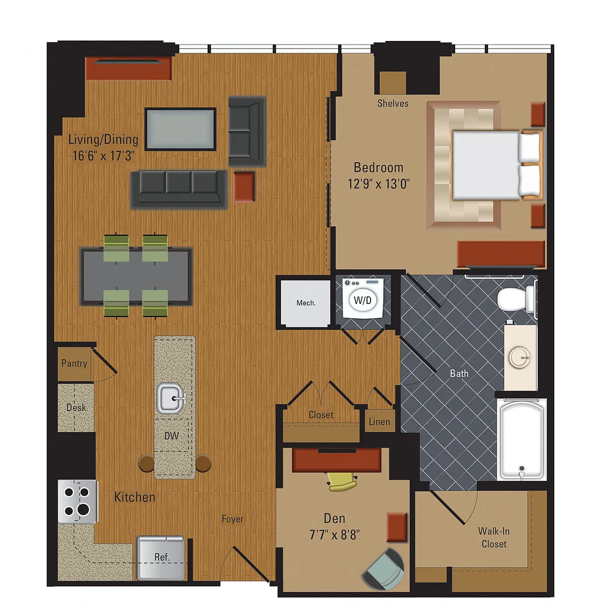 Floor plan 1 Bedroom / 1.5 Bathrooms / Den
