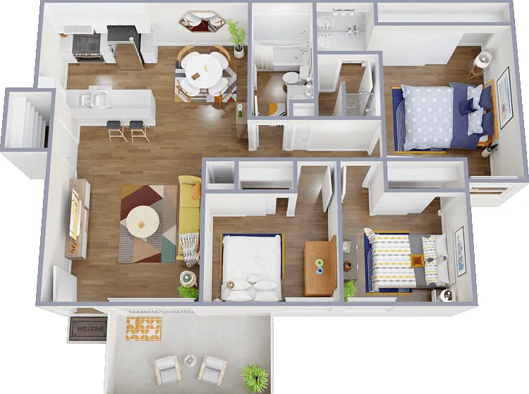 Three-Bedrooms, Two-Bathrooms Floorplan Diagram