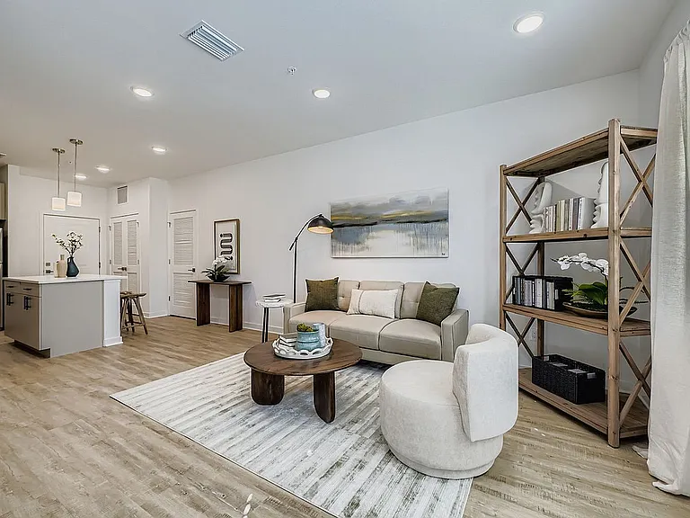 Contemporary open-plan living room with a cozy sofa, elegant decor, chic shelving, and a modern kitchen with stainless steel appliances.