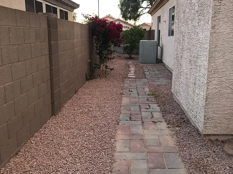 Xeriscaped sideyard.