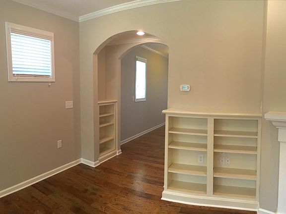 Family room with builtin shelves