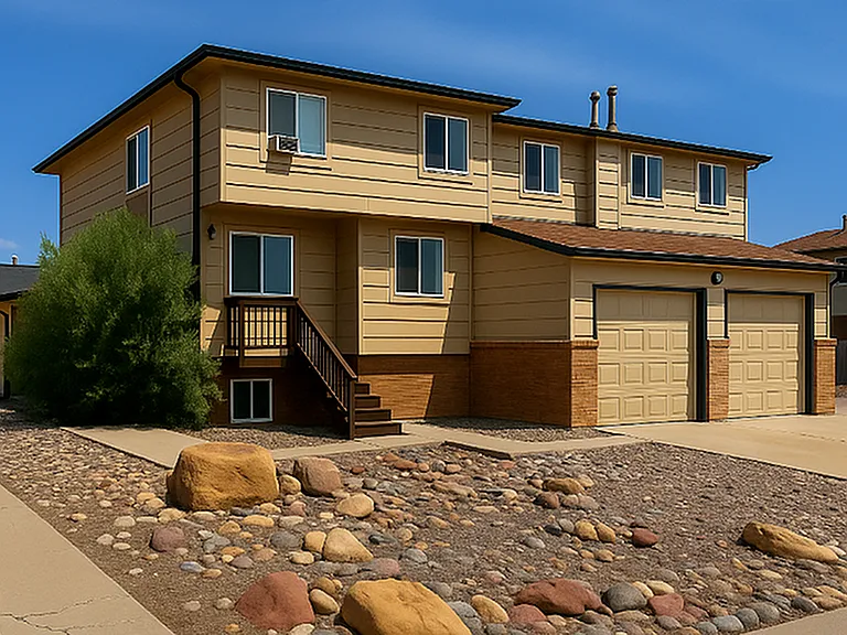Charming two-story home with dual garages, surrounded by a low-maintenance desert landscape under a clear blue sky.