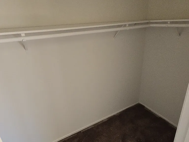 Walk-in closet with wrap around shelving and hanger rods