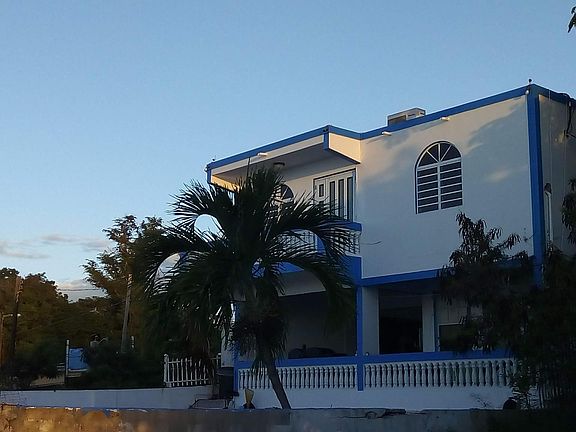 View of the house at dusk.