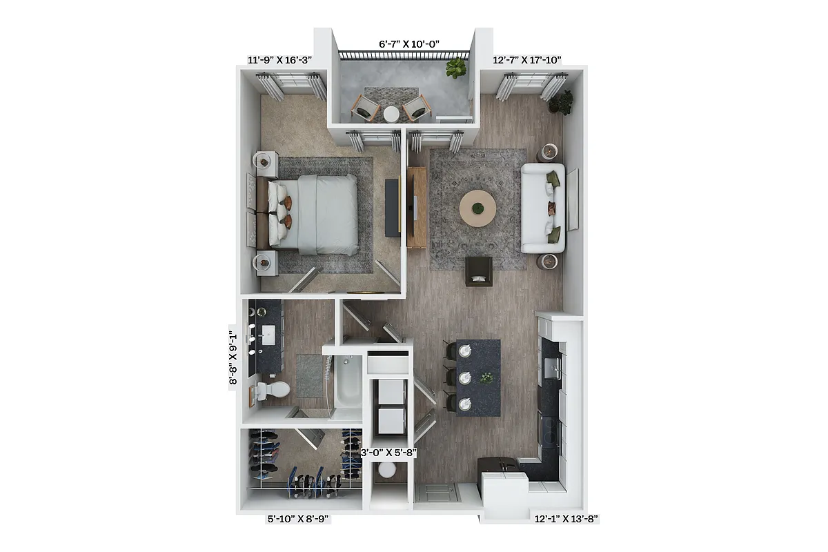 Floor plan 1BR 1BA (805 SF)