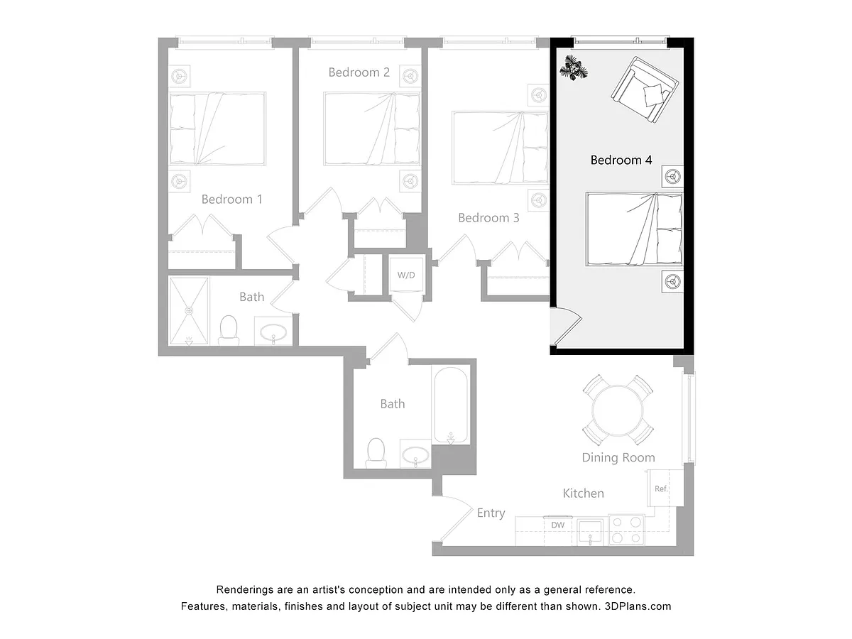 Floor plan Furnished Room in a 4 Bedroom 2 Bathroom (J4)