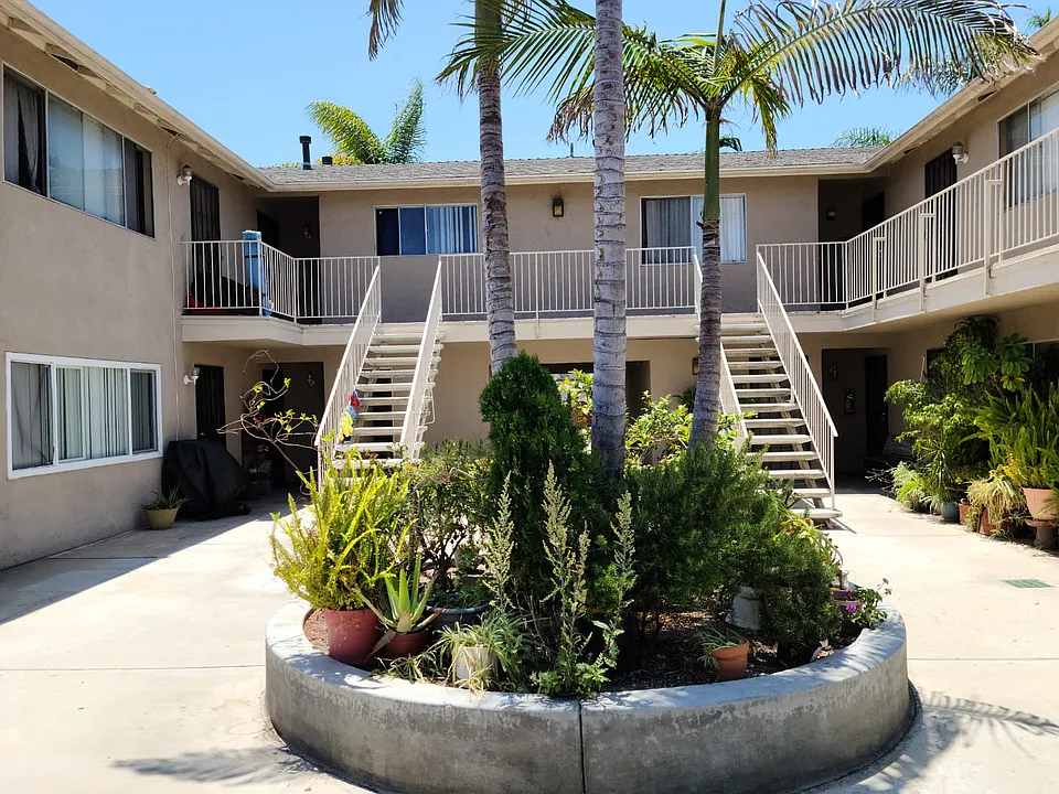 Centerpiece garden in courtyard at Zenith Place Apartments in Chula Vista, California.