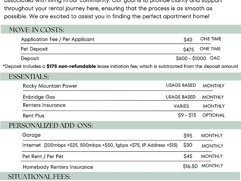 Orchard Cove Fee Guide