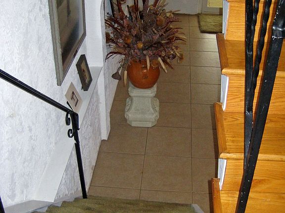 Front entry, with steps going down to finished great room