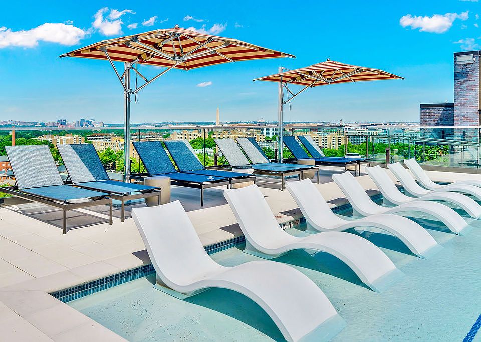 Rooftop pool overlooking Washington DC's waterfronts and cityscapes.