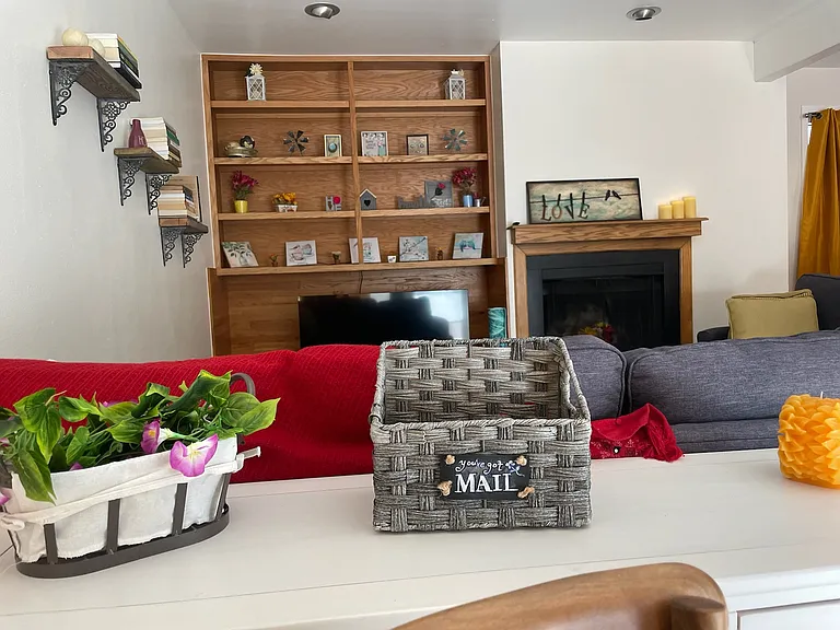 middle floor living room looking at built-in bookcase
