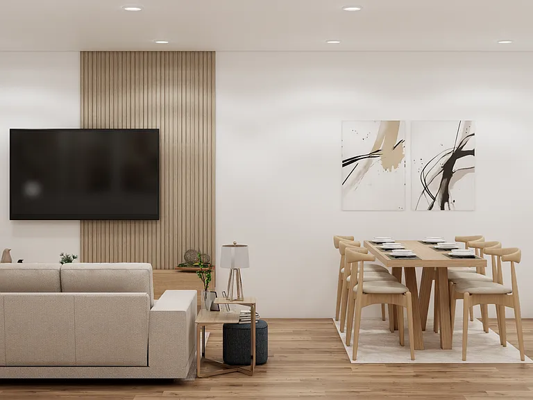Rendering of 1 bedroom (finishes not the same, sliding door to balcony for 1-2 bedroom