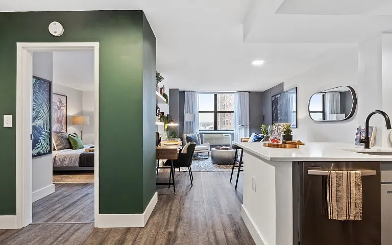 Open floor plan of kitchen looking into living room