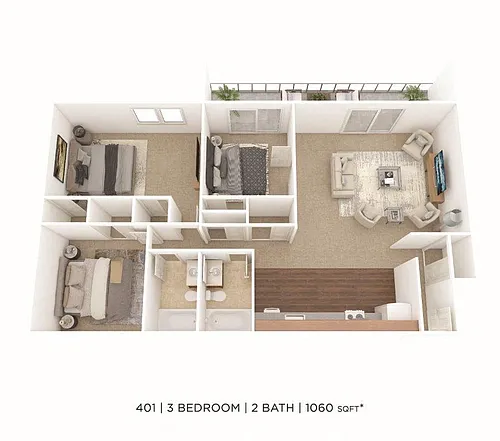 Floor plan Three Bedroom 2 Bath 1,060 sqft