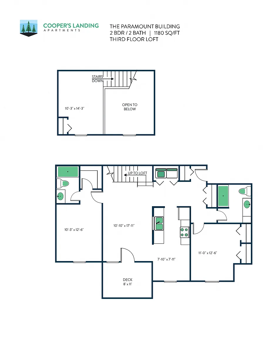 Floor plan 2 Bed, 2 Bath Loft - 1180 sq ft